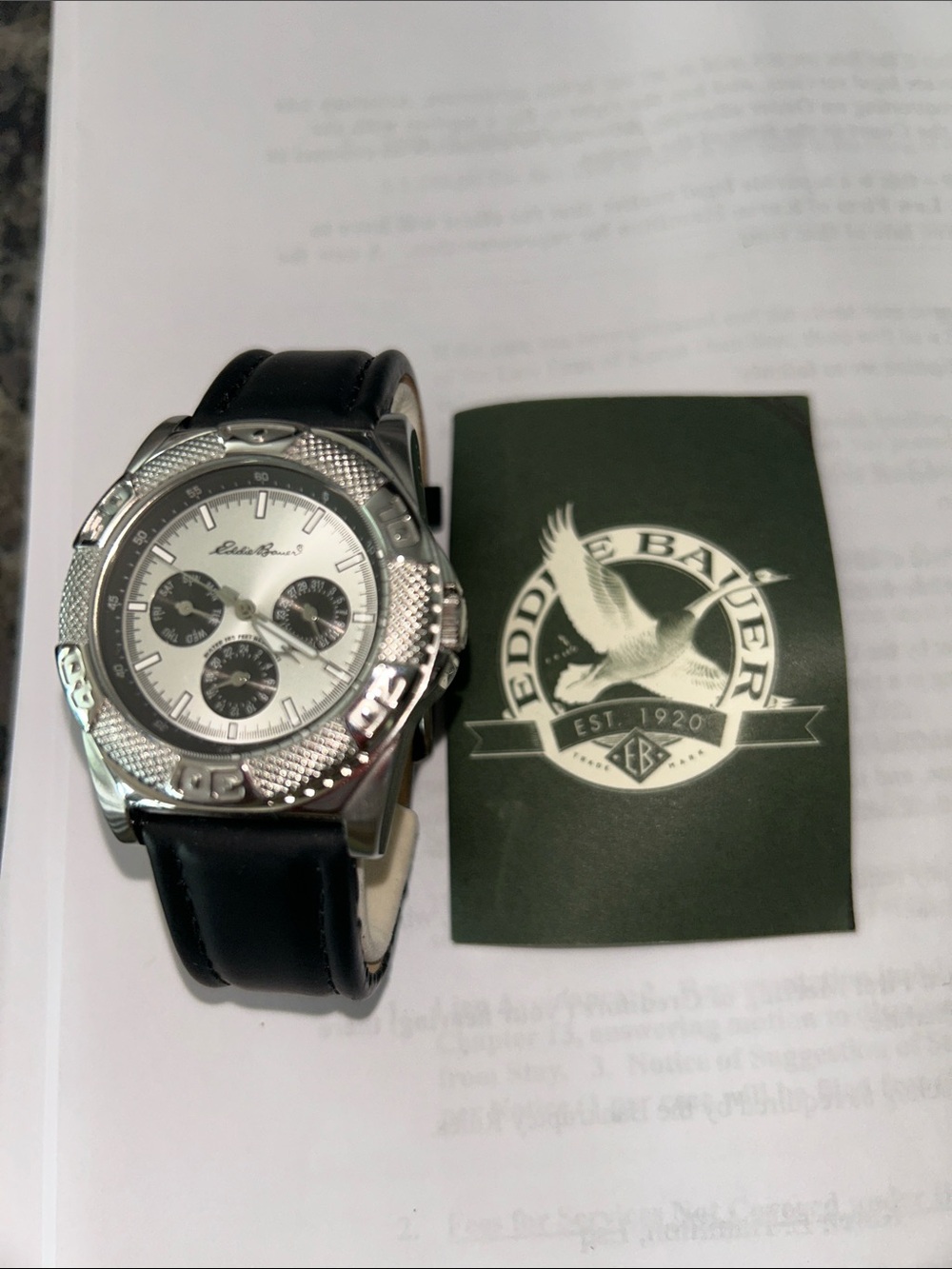 Eddie Bauer Stainless Steel Chronograph Style Watch Black Leather Band